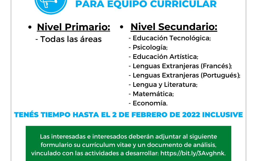 EDUCACIÓN CONVOCA A DOCENTES QUE QUIERAN FORMAR PARTE DEL EQUIPO CURRICULAR