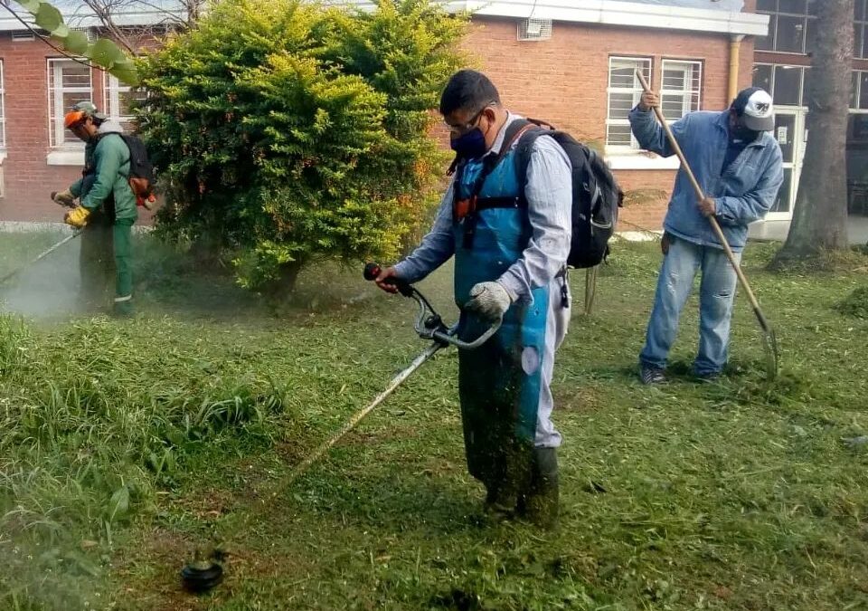 La Unidad de Servicios del MECCyT continúa con los operativos de limpieza y desmalezado en la Escuela de Comercio, en el Jardín de Infantes N°179 y en el edificio del ISPEA Danza