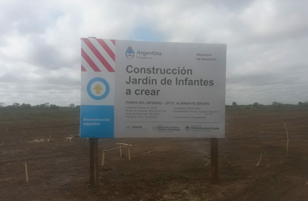 Iniciamos la construcción de un Jardín de Infantes en la localidad de Pampa del Infierno la obra cuenta con un presupuesto oficial de $76.925.813,95 y un plazo de ejecución de 7 meses.