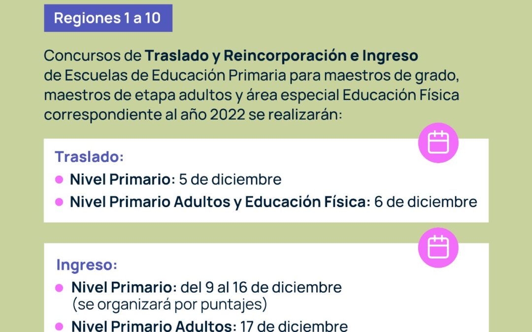 NIVEL PRIMARIO: FECHAS CONFIRMADAS PARA CONCURSOS DE TRASLADO Y REINCORPORACIÓN E INGRESO