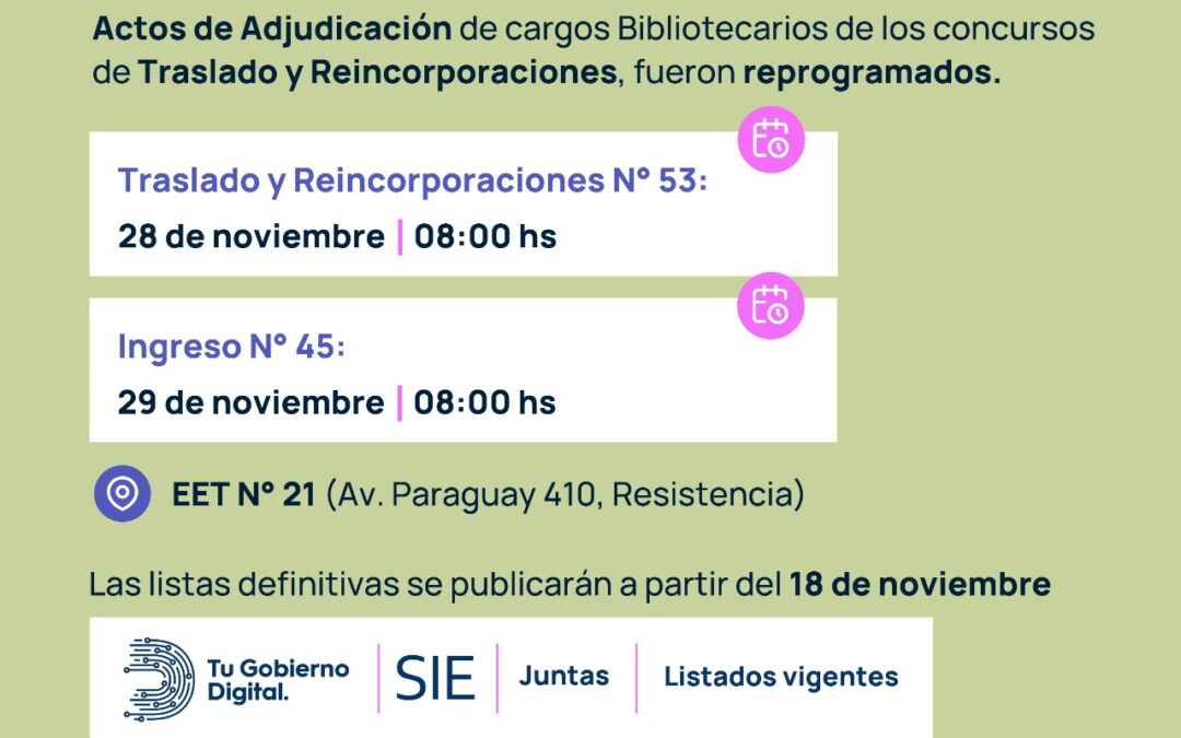 BIBLIOTECARIOS: NUEVAS FECHAS PARA CONCURSOS DE TRASLADO, REINCORPORACIÓN E INGRESO