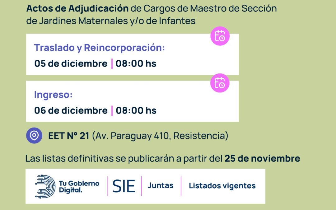 NIVEL INICIAL: ACTOS DE ADJUDICACIÓN DE CARGOS YA TIENEN FECHA 